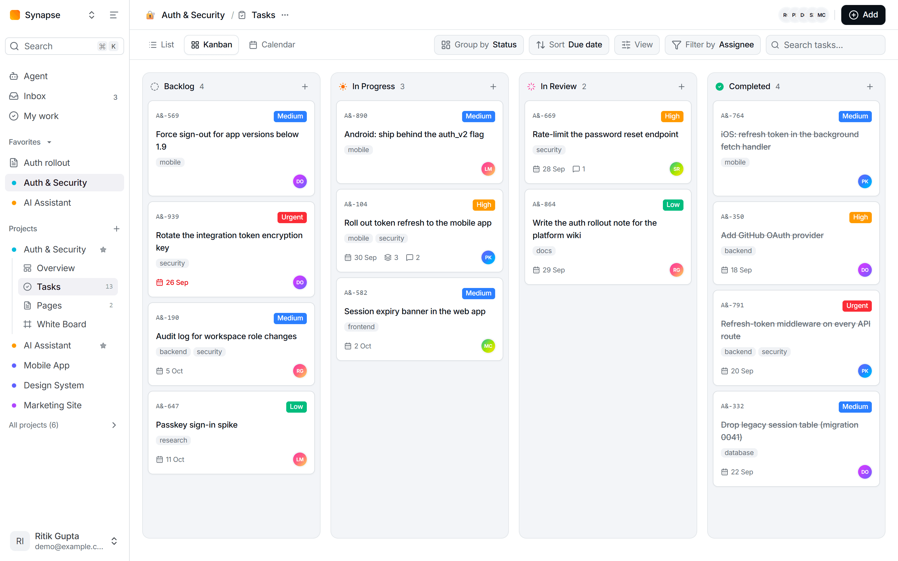 The Synapse workspace: the Auth & Security project's tasks on a Kanban board, from backlog to completed